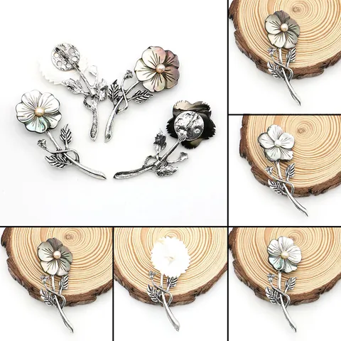 Vintage French Style Natural Shell Flower Brooch With Pearl Elegant Alloy Floral Corsage For Wedding Party Women Jewelry