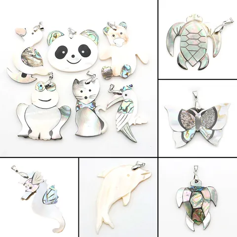Natural Shell Animal Pendant Handmade Spliced Mother Of Artificial Pearl Abalone Shell Sea Turtle Owl Panda Butterfly Seahorse DIY Jewelry Making Charm Accessory