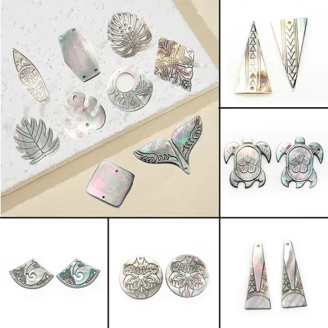 Natural Black Shell Carved Pendants Mother Of Artificial Pearl Flower Leaf Sea Turtle Animal Shapes For DIY Jewelry Making Necklaces Accessories
