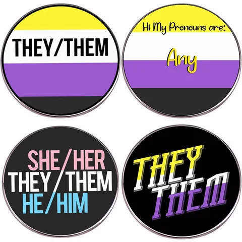 Broche de Pronombres de Género THEY THEM SHE HER HE HIM Pin de Esmalte Redondo de Aleación Identidad Orgullo No Binario Accesorio Para Bolso Ropa