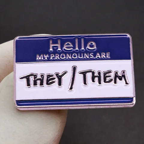 Hello My Pronouns Are They Them Enamel Pin Alloy Rectangle Name Tag Style Brooch Badge For Clothing Bags Unisex Fashion Jewelry