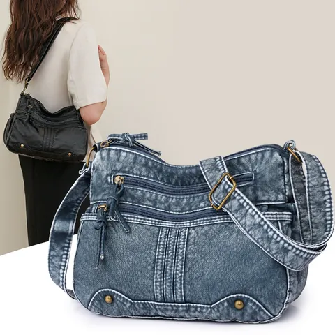 Vintage Gewaschenes PU Leder Umhängetasche Für Damen Multi Reißverschluss Tasche Nieten Schultertasche Retro Travel Purse