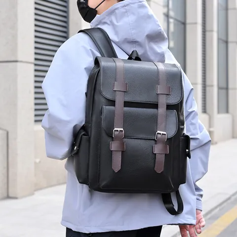 Men Vintage PU Leather Business Backpack Large Capacity Waterproof Rucksack Fits Laptop Travel Daily Casual School Bag
