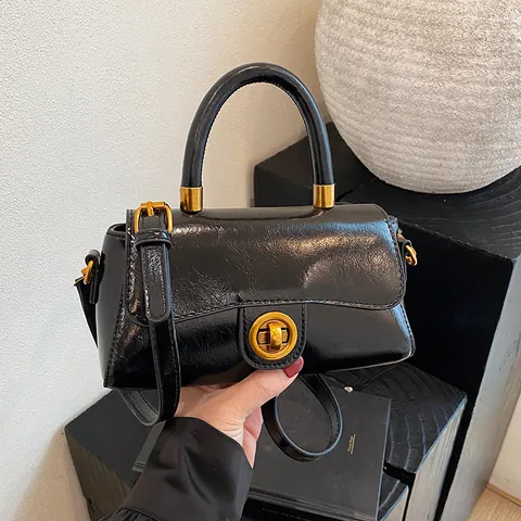 Vintage PU Leather Crossbody Bag For Women Luxury Glossy Small Square Handbag With Gold Metal Turn Lock Commuter Shoulder Bag
