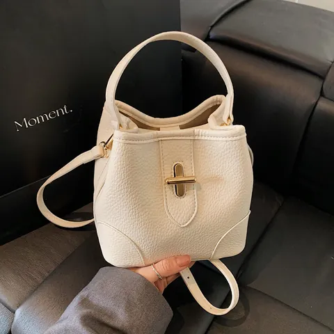 Fashion Women Litchi Pattern PU Leather Bucket Bag 2025 Summer New Crossbody Shoulder Bag With Metal Turn Lock Handbag