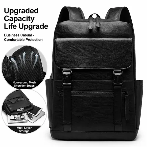 Large Capacity Men Backpack PU Leather Business Travel Bag Waterproof Vintage Casual Daypack For College Students Office