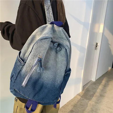 Vintage Gewaschener Denim Rucksack Mit Farbverlauf Für Damen Herren Einfache Leinwand Schultasche Große Kapazität Freizeitrucksack