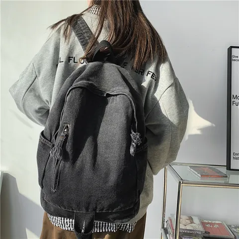 Vintage Gewaschener Denim Rucksack Mit Farbverlauf Für Damen Herren Einfache Leinwand Schultasche Große Kapazität Freizeitrucksack