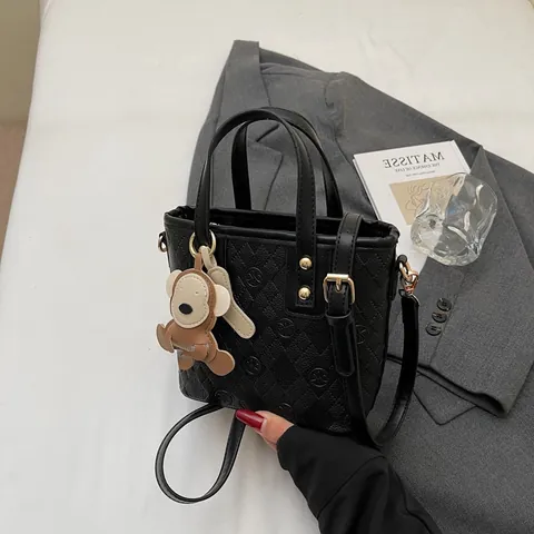 Fashion PU Leather Women Monogram Bucket Bag With Monkey Charm Contrast Color Diamond Lattice Crossbody Shoulder Tote Bag
