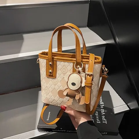 Fashion PU Leather Women Monogram Bucket Bag With Monkey Charm Contrast Color Diamond Lattice Crossbody Shoulder Tote Bag
