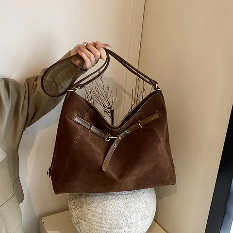 Vintage Large Capacity Frosted PU Leather Tote Bag For Women Retro Belt Decor Shoulder Bag Casual Hobo Backpack Commuter Travel Handbag