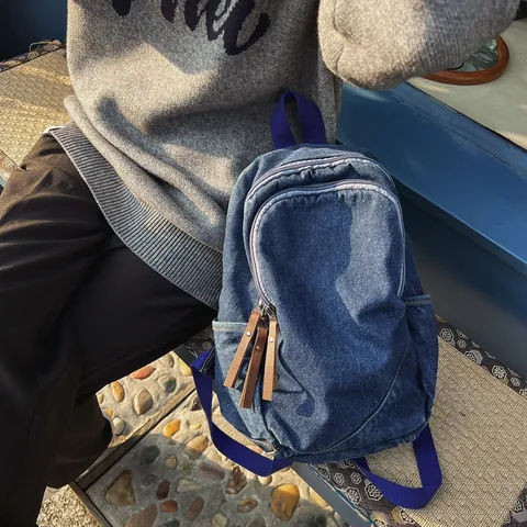 Washed Denim Backpack For Women Retro Japanese Style Large Capacity School Bag With Synthetic Leather Pullers Casual Travel Daypack