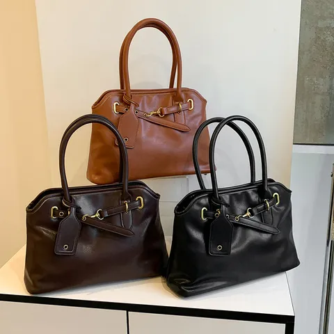 Sac à Main Femme en Cuir PU Grande Capacité Rétro Minimaliste Business Commuter Tote Bag Couleur Unie Style Boston Boucle Dorée