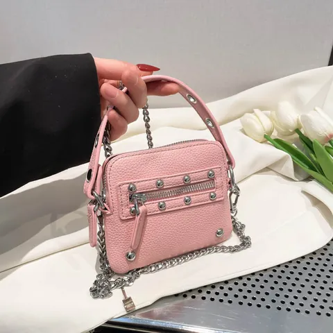 Women Mini PU Leather Rivet Motorcycle Crossbody Bag Fashion Punk Metal Chain Shoulder Bag Coin Purse Square Handbag