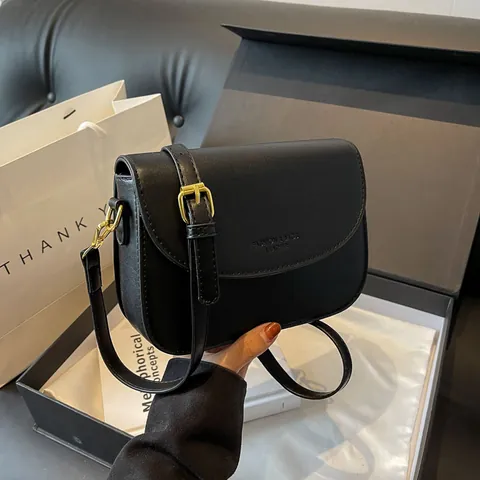 Bolso Bandolera de Mujer en Cuero PU con Solapa Minimalista Color Sólido Bolso Cuadrado Pequeño con Herrajes Dorados Correa Ajustable