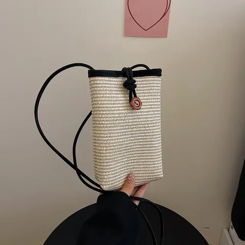 Women Summer Woven Straw Crossbody Phone Bag Mini Square Bag With Pearl Flower Buckle Cotton Linen Small Shoulder Pouch