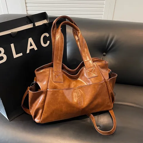 Women Large Capacity Synthetic Leather Tote Bag Casual Simple Solid Color Commuter Shoulder Handbag With Multi Pockets Double Handles Adjustable Long Strap