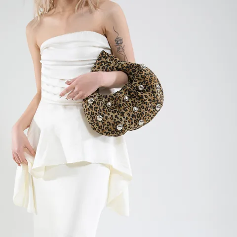 Borsa Sottobraccio con Rivetti Vintage Donna Stampa Leopardata Zebra Floreale Borsa in Tessuto Manico a Nodo Borchie Argento