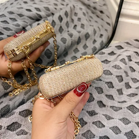 Mini Evening Clutch Bag Rhinestone Sequin Lipstick Handbag Cylinder Metal Chain Strap Party Fashion For Women
