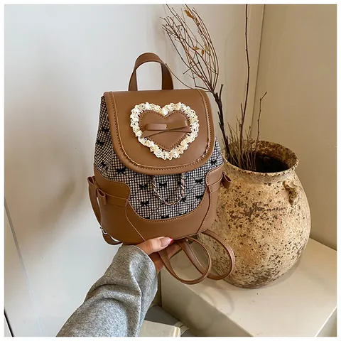 Vrouwen Zoet Kant Hart Mini Rugzak Gingham Geruit PU Leer Schooltas Met Strik Metalen Ketting Collegestijl Reistas