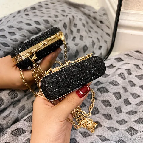 Mini Evening Clutch Bag Rhinestone Sequin Lipstick Handbag Cylinder Metal Chain Strap Party Fashion For Women