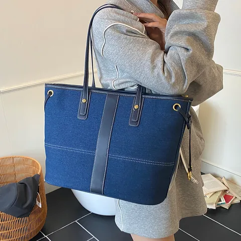 Borsa Tote in Denim da Donna Grande Capacità Retrò Occidentale Giustapposizione di Colori Borsa a Spalla Pendolare