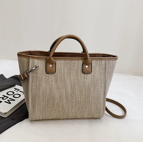 Fashion Woven Canvas Tote Bag For Women Large Capacity Bucket Handbag With Synthetic Leather Handles Adjustable Shoulder Strap
