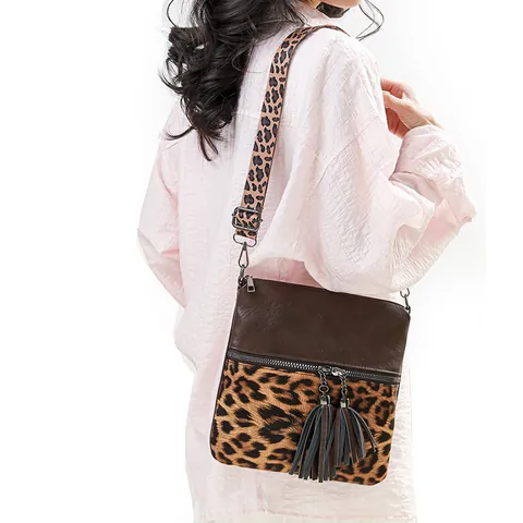 Leopard Print Patchwork Crossbody Bag For Women Trendy PU Leather Shoulder Bag With Tassel Wide Strap Fashion Square Handbag