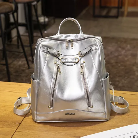 Women Vintage PU Leather Backpack Large Capacity Retro Street Fashion School Bag For Commute Travel Silver Brown Black