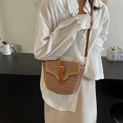Dames Casual Stroweven Zadeltas Kleine Crossbody Schoudertas Met PU Leren Trim Verstelbare Riem Zomervakantie Portemonnee