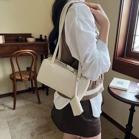 Bolso de Axila de Cuero PU Vintage Bolso de Mano Cuadrado Pequeño Mujer Tendencia Color Sólido Con Mini Bolsa Desmontable