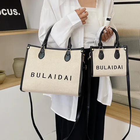 Damen Vintage Segeltuch Tote Bag Bestickter Buchstabe Große Kapazität Schulter Umhängetasche Mit Kunstlederbesatz Täglich Pendeltasche