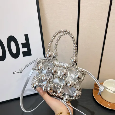 Borsa a Secchiello da Donna con Perline Metalliche Lusso in Pelle PU con Coulisse Borsa a Tracolla Elegante con Tracolla a Sfere
