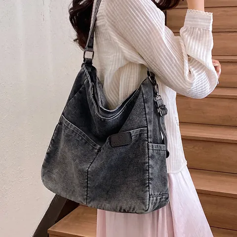 Vrouwen Grote Capaciteit Denim Tote Tas Met Polyester Voering Casual Gewassen Multi-Pocket Schoudertas Verstelbare Crossbody