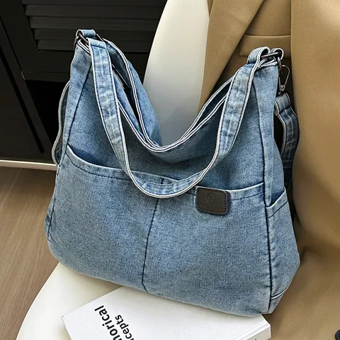 Vrouwen Grote Capaciteit Denim Tote Tas Met Polyester Voering Casual Gewassen Multi-Pocket Schoudertas Verstelbare Crossbody