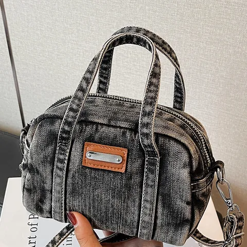 Borsa a Mano in Denim Lavato Retrò per Donna Borsa Boston Vintage con Tracolla Regolabile Borsa a Tracolla Casual Piccola Borsa da Viaggio