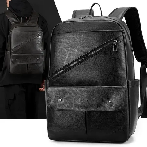 Men Vintage PU Leather Backpack Large Capacity Laptop Bag Business Travel Commuter Shoulder Bag With Trolley Strap Retro Style
