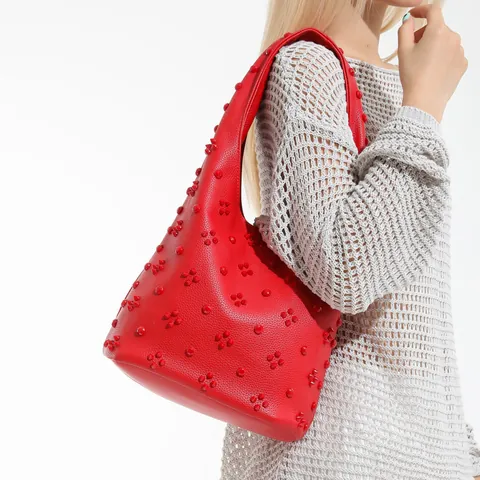 Women Vintage 3D Rivet Flower Hobo Bag Lychee Texture PU Leather Shoulder Bag Large Capacity Commute Tote Underarm Handbag