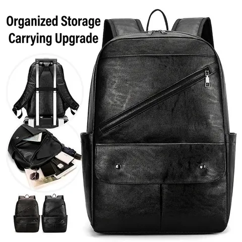 Men Vintage PU Leather Backpack Large Capacity Laptop Bag Business Travel Commuter Shoulder Bag With Trolley Strap Retro Style