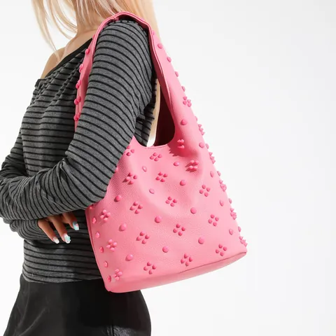 Women Vintage 3D Rivet Flower Hobo Bag Lychee Texture PU Leather Shoulder Bag Large Capacity Commute Tote Underarm Handbag