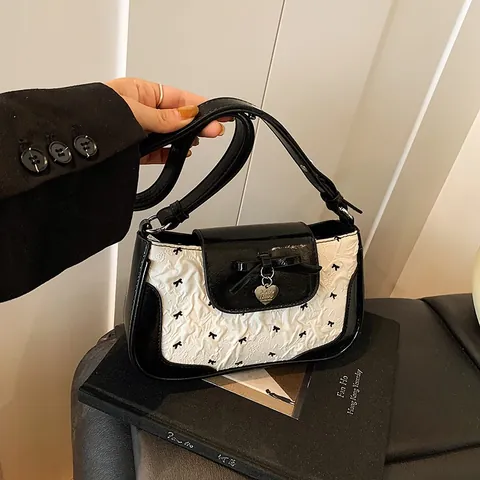 Women Sweet PU Bowknot Underarm Bag Pleated Contrast Color Shoulder Bag With Heart Metal Charm French Vintage Handbag