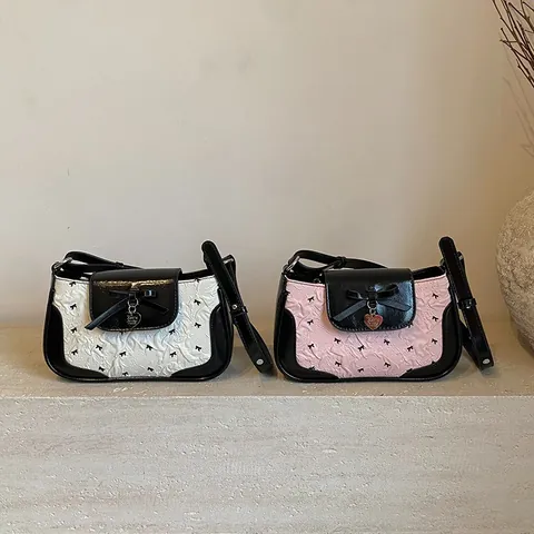 Women Sweet PU Bowknot Underarm Bag Pleated Contrast Color Shoulder Bag With Heart Metal Charm French Vintage Handbag