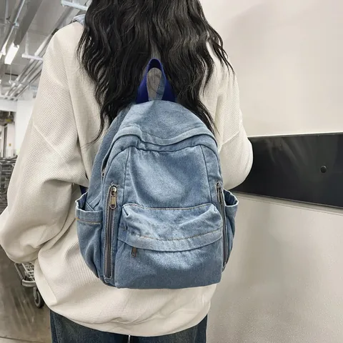 Retro Washed Denim Backpack For Women Student Schoolbag Vintage Canvas Casual Travel Bag With Multi Pockets Large Capacity