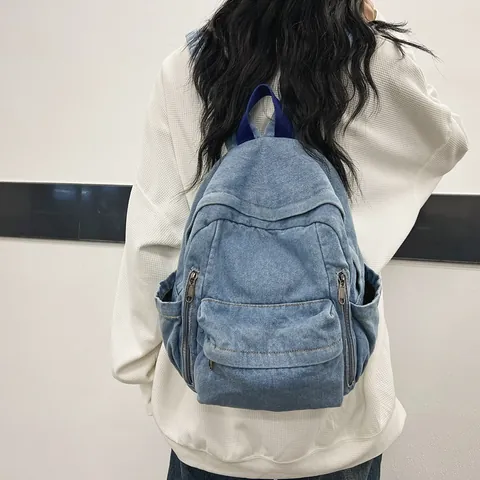 Retro Washed Denim Backpack For Women Student Schoolbag Vintage Canvas Casual Travel Bag With Multi Pockets Large Capacity
