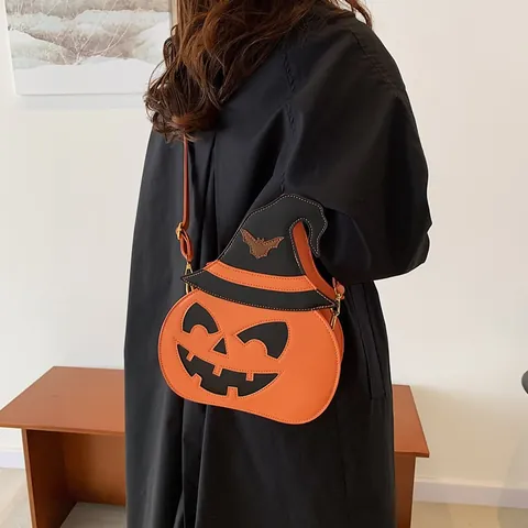 Creative Halloween Pumpkin Crossbody Bag For Women Witch Hat Design Orange PU Leather Funny Party Shoulder Bag Bat Decor