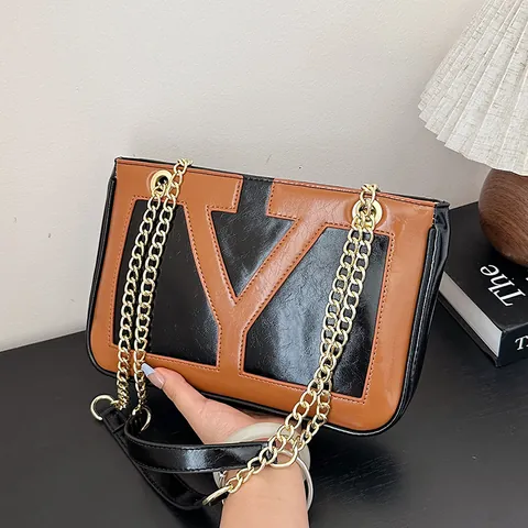 Women Retro PU Leather Contrast Color Geometric V Design Underarm Bag Fashion Daily Gold Chain Shoulder Bag Purse