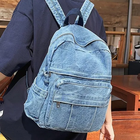 Vintage Washed Denim Backpack For Women Casual Large Capacity Contrast Stitching School Bookbag Retro Harajuku Style Travel Daypack With Multi Pockets