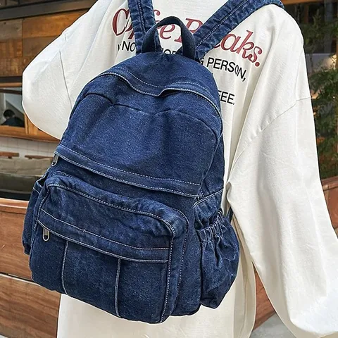 Vintage Washed Denim Backpack For Women Casual Large Capacity Contrast Stitching School Bookbag Retro Harajuku Style Travel Daypack With Multi Pockets