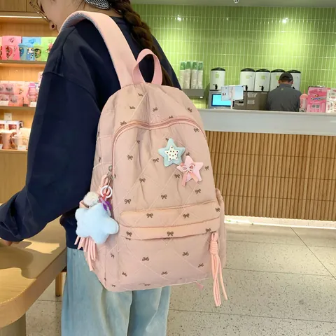Kawaii Quilted Nylon Backpack For Women Teens Embroidered Bowknot School Bag With Star Charms Casual Travel Daypack
