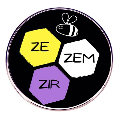 Bee My Pronouns ZE ZEM ZIR Enamel Pin Round Metal Badge Brooch Non-binary Pride LGBTQ Lapel Pin Jewelry Gift